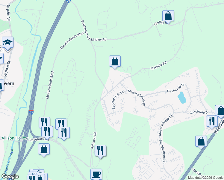 map of restaurants, bars, coffee shops, grocery stores, and more near 12 McBride Road in Canonsburg