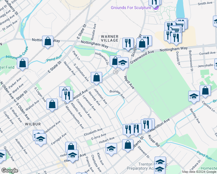 map of restaurants, bars, coffee shops, grocery stores, and more near 19 Scammel Avenue in Hamilton Township