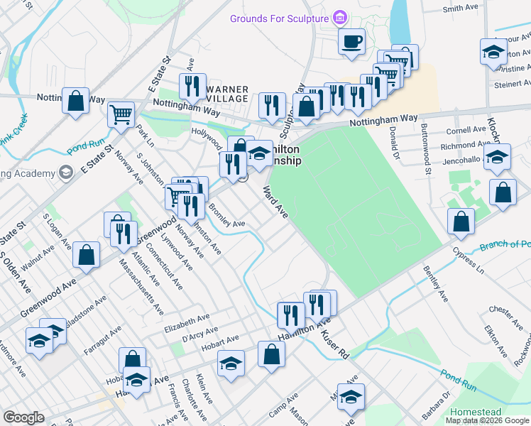 map of restaurants, bars, coffee shops, grocery stores, and more near 202 Joan Terrace in Hamilton Township