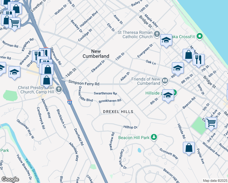 map of restaurants, bars, coffee shops, grocery stores, and more near 1019 Swarthmore Road in New Cumberland