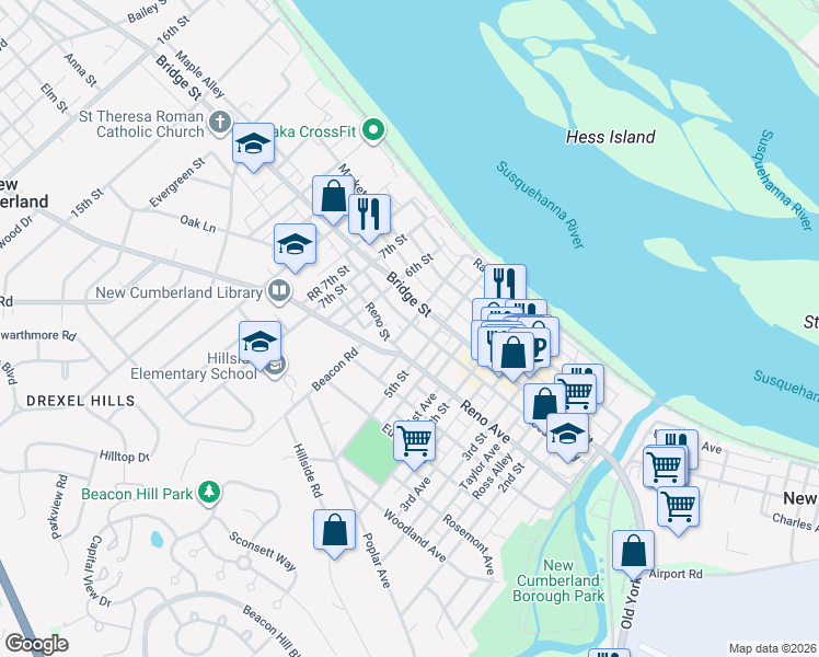 map of restaurants, bars, coffee shops, grocery stores, and more near 315 5th Street in New Cumberland