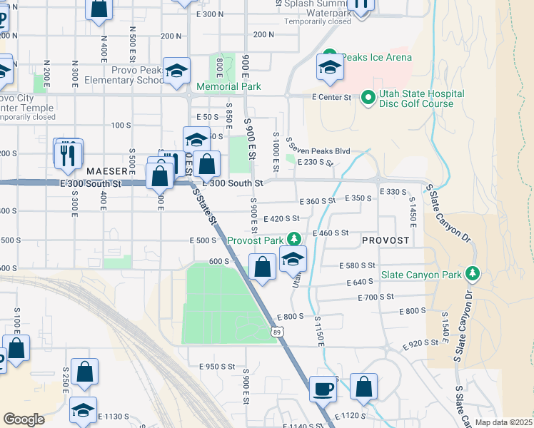 map of restaurants, bars, coffee shops, grocery stores, and more near 943 East 420 South in Provo