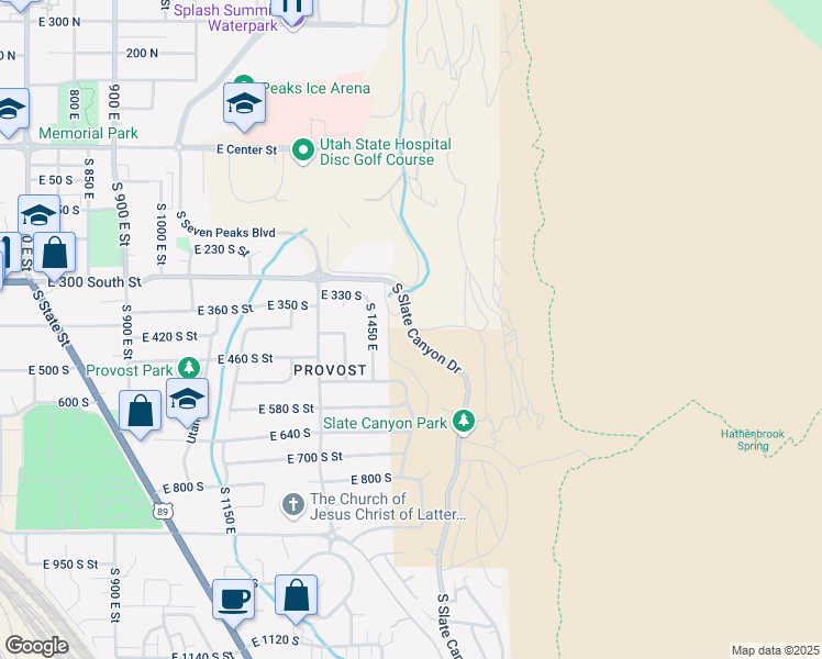 map of restaurants, bars, coffee shops, grocery stores, and more near 477 South Slate Canyon Drive in Provo
