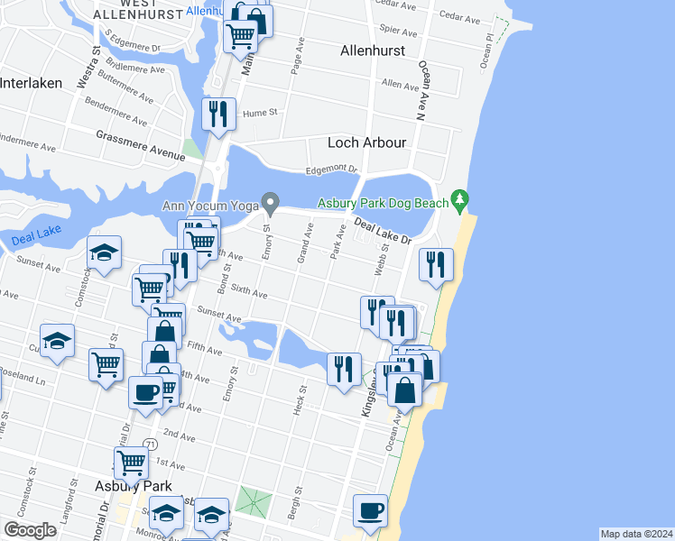 map of restaurants, bars, coffee shops, grocery stores, and more near 1604 Park Avenue in Asbury Park