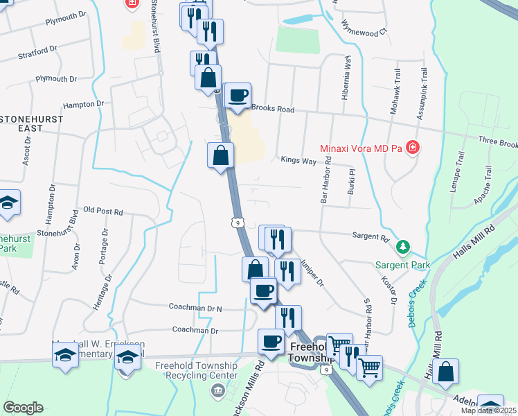 map of restaurants, bars, coffee shops, grocery stores, and more near 3419 U.S. 9 in Freehold