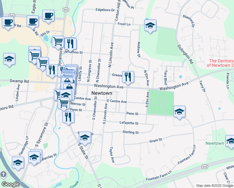 map of restaurants, bars, coffee shops, grocery stores, and more near 13 Watson Mill Lane in Newtown