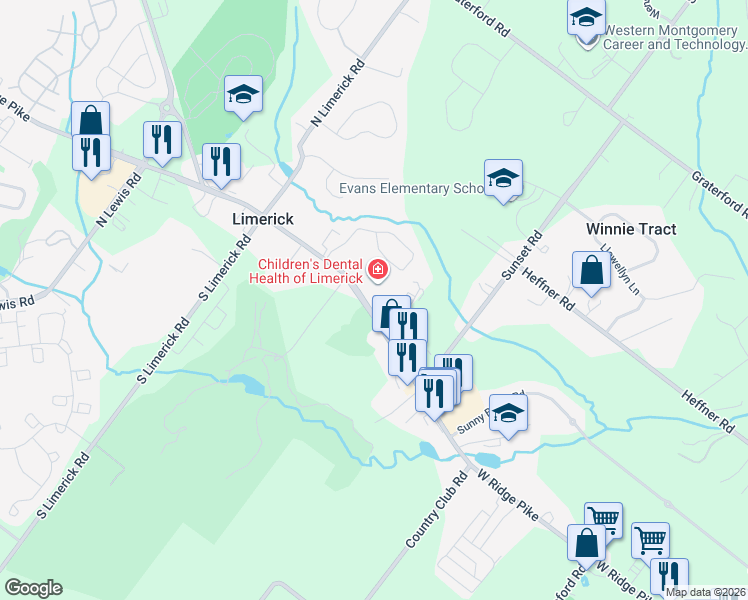 map of restaurants, bars, coffee shops, grocery stores, and more near 290 West Ridge Pike in Royersford