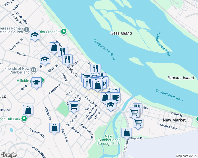 map of restaurants, bars, coffee shops, grocery stores, and more near 329 Market Street in New Cumberland