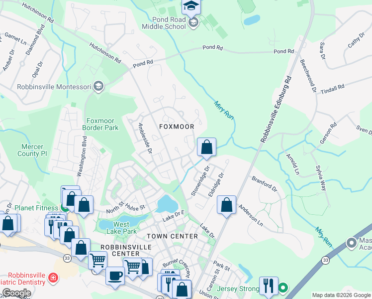 map of restaurants, bars, coffee shops, grocery stores, and more near 210 Waverly Court in Robbinsville Township