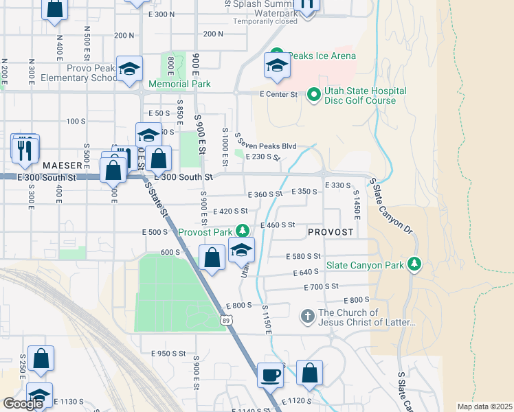 map of restaurants, bars, coffee shops, grocery stores, and more near 400 Utah Avenue in Provo