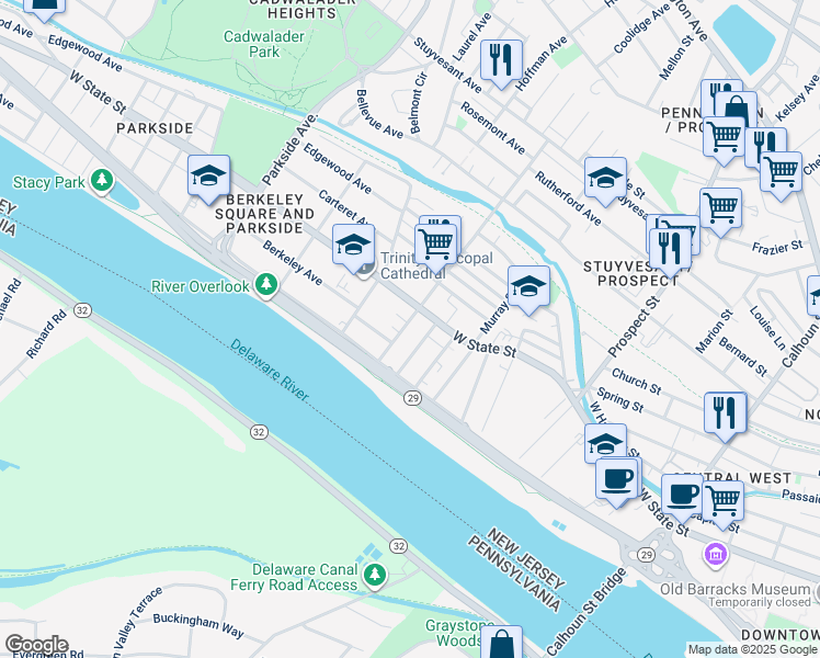 map of restaurants, bars, coffee shops, grocery stores, and more near 40 South Hermitage Avenue in Trenton