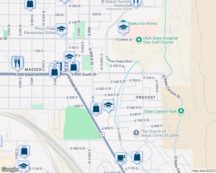 map of restaurants, bars, coffee shops, grocery stores, and more near 1064 East 360 South Street in Provo