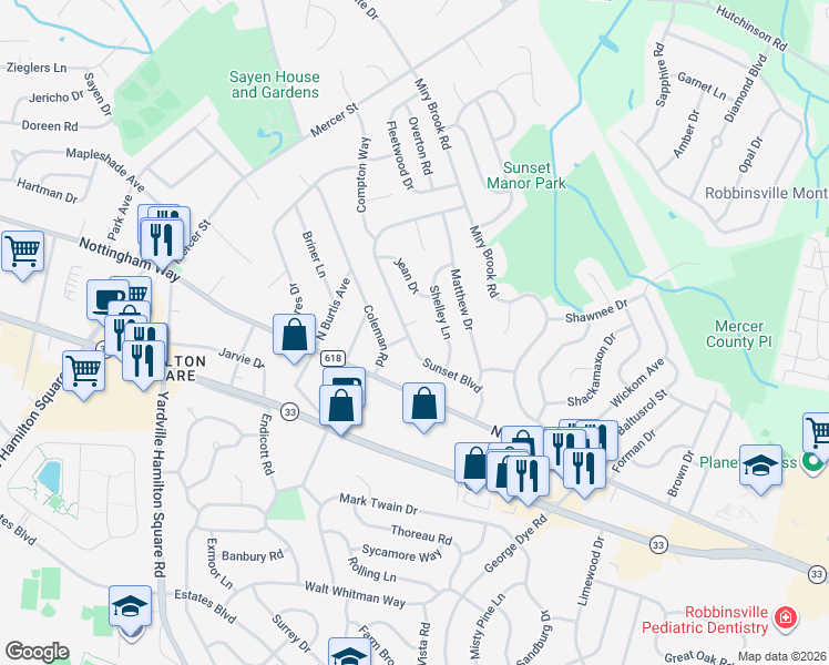 map of restaurants, bars, coffee shops, grocery stores, and more near 42 Sunset Boulevard in Hamilton Township