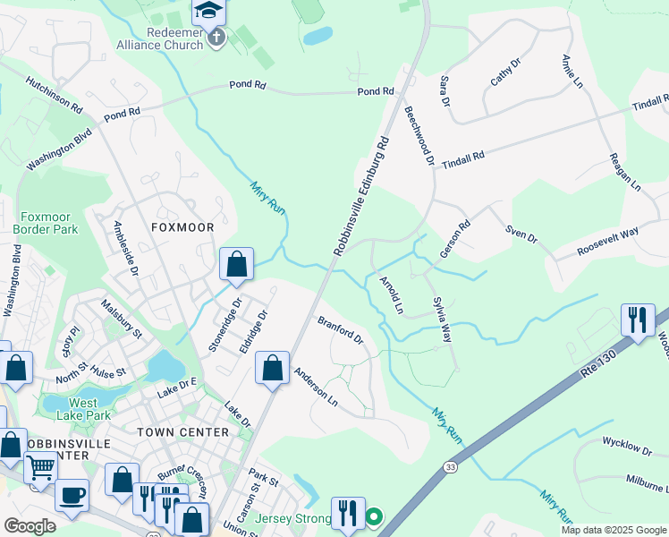 map of restaurants, bars, coffee shops, grocery stores, and more near 968 Robbinsville Edinburg Road in Robbinsville Township