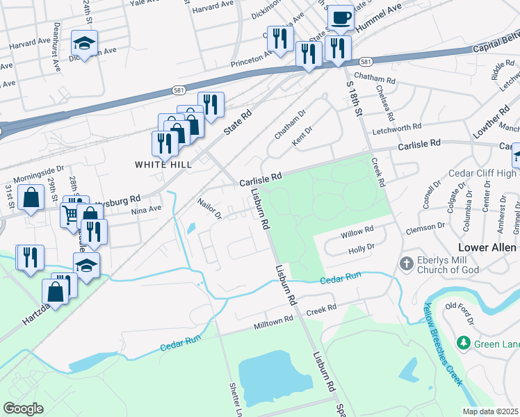 map of restaurants, bars, coffee shops, grocery stores, and more near 2101 Cedar Run Drive in Camp Hill
