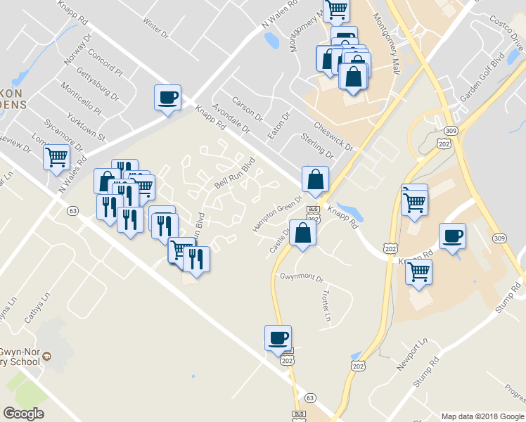 map of restaurants, bars, coffee shops, grocery stores, and more near 116 Hampton Green Drive in North Wales