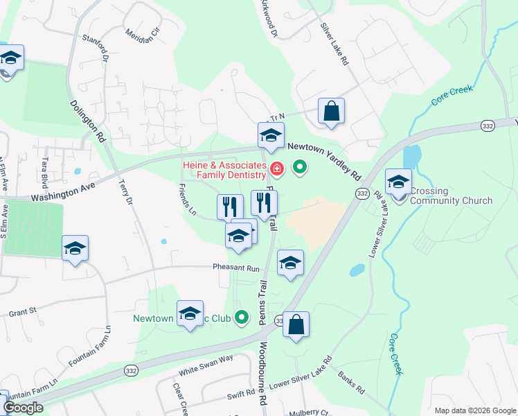 map of restaurants, bars, coffee shops, grocery stores, and more near 54 Friends Lane in Newtown
