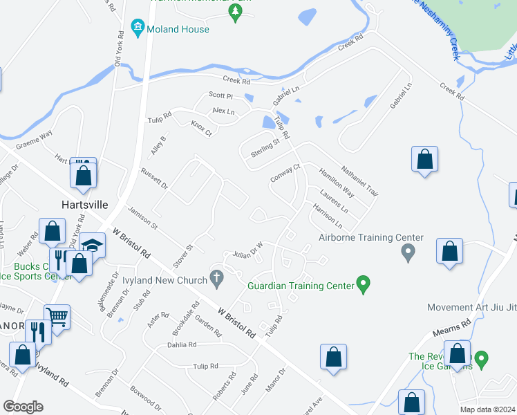 map of restaurants, bars, coffee shops, grocery stores, and more near 202 Red Maple Court in Warminster