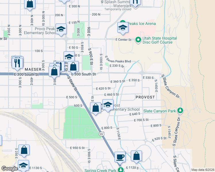 map of restaurants, bars, coffee shops, grocery stores, and more near 1064 East 360 South Street in Provo