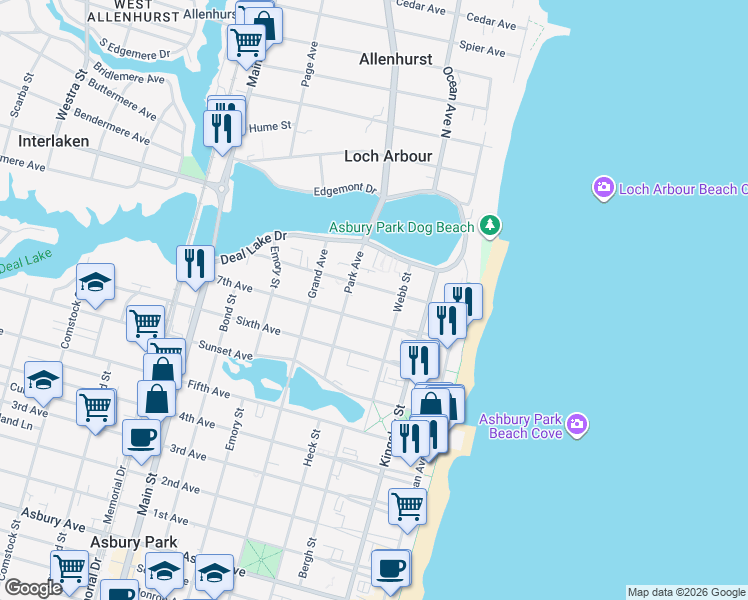 map of restaurants, bars, coffee shops, grocery stores, and more near 306 8th Avenue in Asbury Park