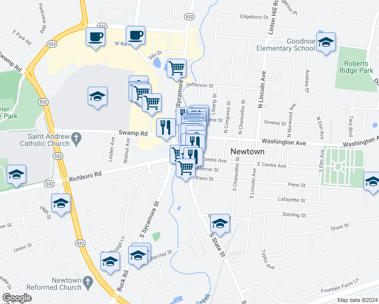 map of restaurants, bars, coffee shops, grocery stores, and more near 26 South State Street in Newtown