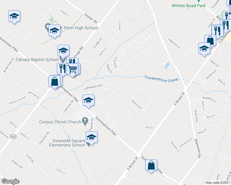 map of restaurants, bars, coffee shops, grocery stores, and more near 1173 Gwynedale Way in Lansdale