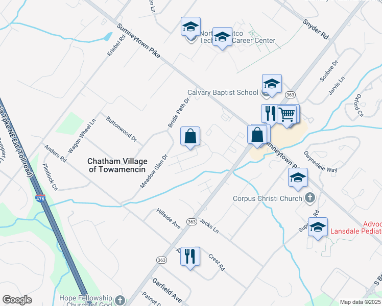 map of restaurants, bars, coffee shops, grocery stores, and more near 104 Oberlin Terrace in Lansdale