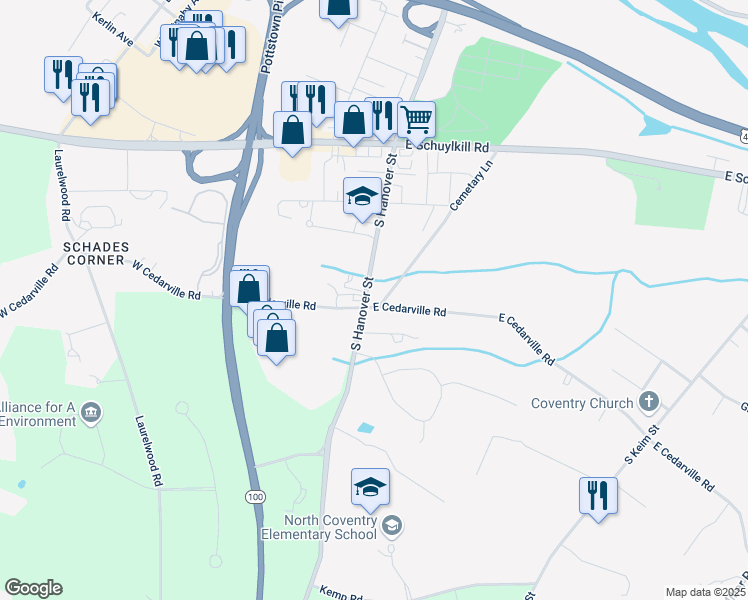 map of restaurants, bars, coffee shops, grocery stores, and more near 1043 South Hanover Street in Pottstown