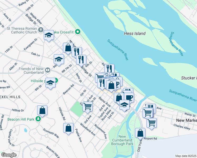 map of restaurants, bars, coffee shops, grocery stores, and more near 422 Market Street in New Cumberland
