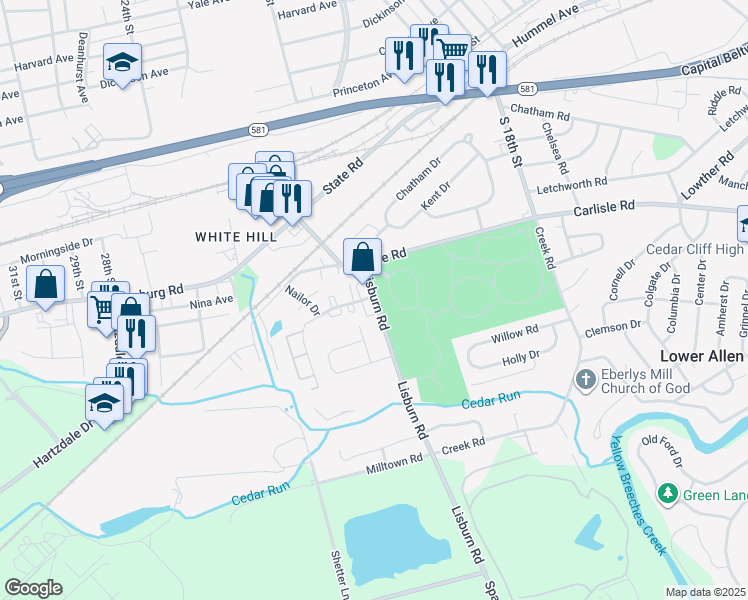 map of restaurants, bars, coffee shops, grocery stores, and more near in Lower Allen