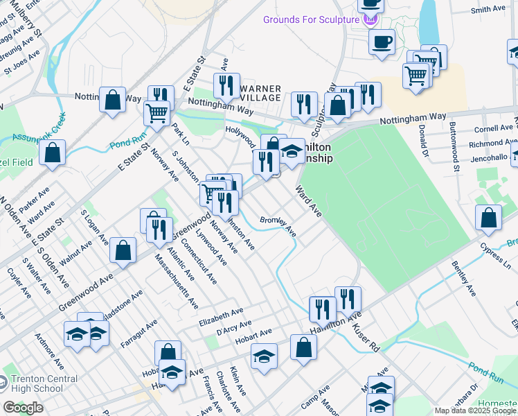 map of restaurants, bars, coffee shops, grocery stores, and more near 19 Scammel Avenue in Hamilton Township