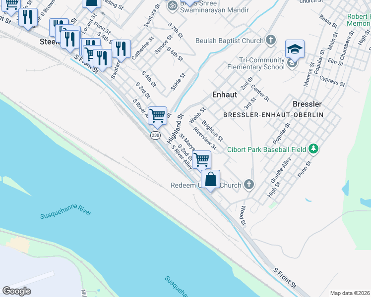 map of restaurants, bars, coffee shops, grocery stores, and more near 514 Saint Marys Drive in Steelton