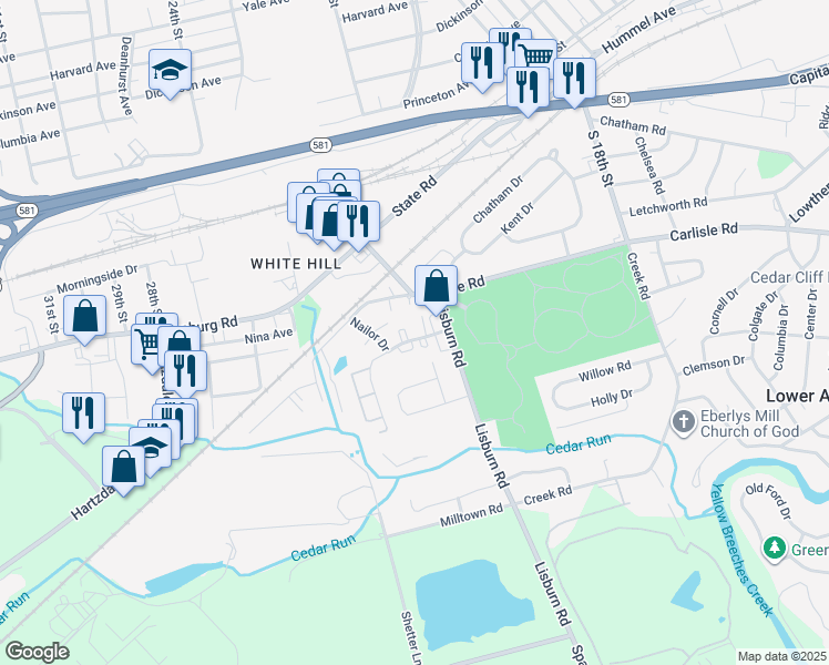 map of restaurants, bars, coffee shops, grocery stores, and more near 2100 Cedar Run Drive in Camp Hill