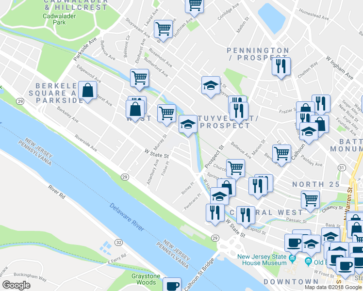 map of restaurants, bars, coffee shops, grocery stores, and more near 32 Montgomery Place in Trenton