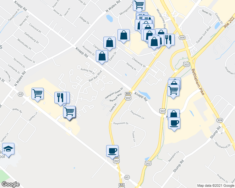 map of restaurants, bars, coffee shops, grocery stores, and more near 203 Warwick Way in North Wales