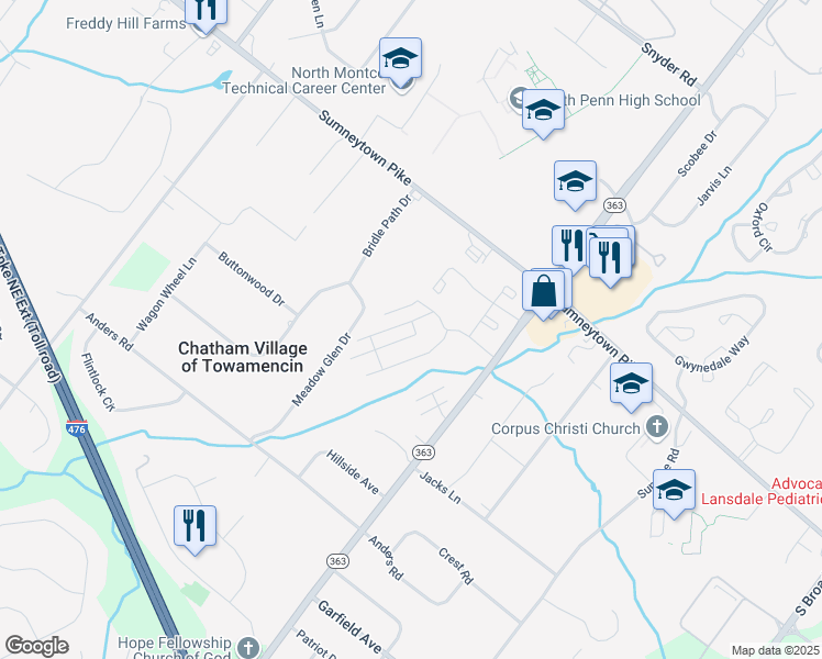 map of restaurants, bars, coffee shops, grocery stores, and more near 102 Oberlin Terrace in Lansdale