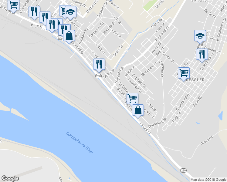 map of restaurants, bars, coffee shops, grocery stores, and more near 511 South Front Street in Harrisburg