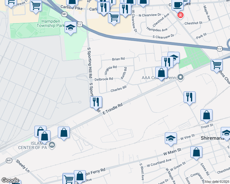 map of restaurants, bars, coffee shops, grocery stores, and more near 4832 Charles Road in Mechanicsburg