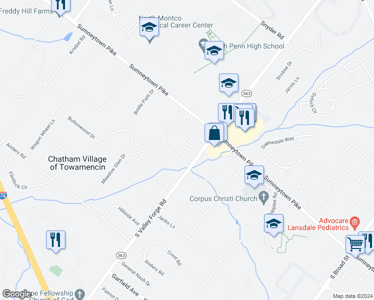 map of restaurants, bars, coffee shops, grocery stores, and more near 201 Hickory Court in Lansdale