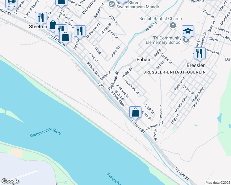 map of restaurants, bars, coffee shops, grocery stores, and more near 540 South 2nd Street in Steelton