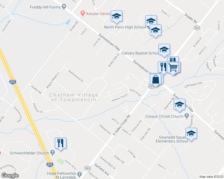 map of restaurants, bars, coffee shops, grocery stores, and more near 148 Oberlin Terrace in Lansdale