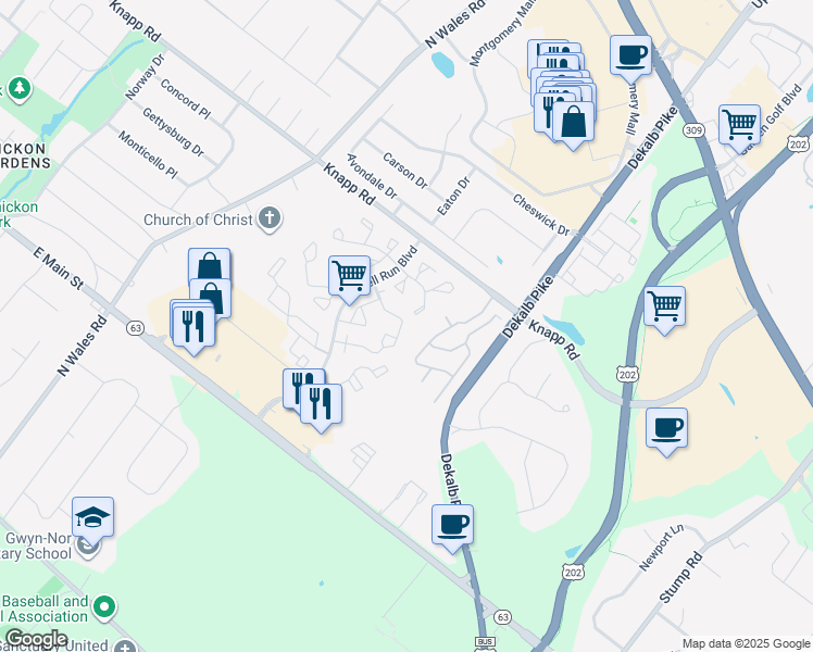 map of restaurants, bars, coffee shops, grocery stores, and more near 1101 Kenwood Drive in North Wales