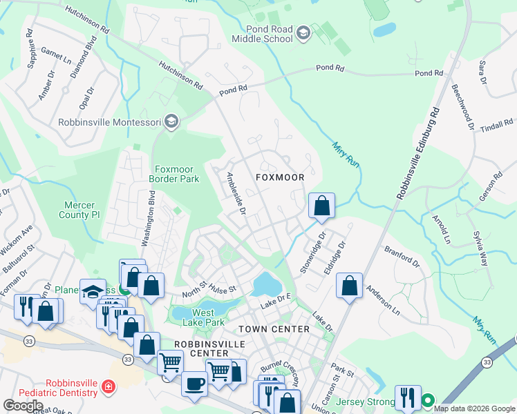 map of restaurants, bars, coffee shops, grocery stores, and more near 19 Amesbury Court in Robbinsville Township