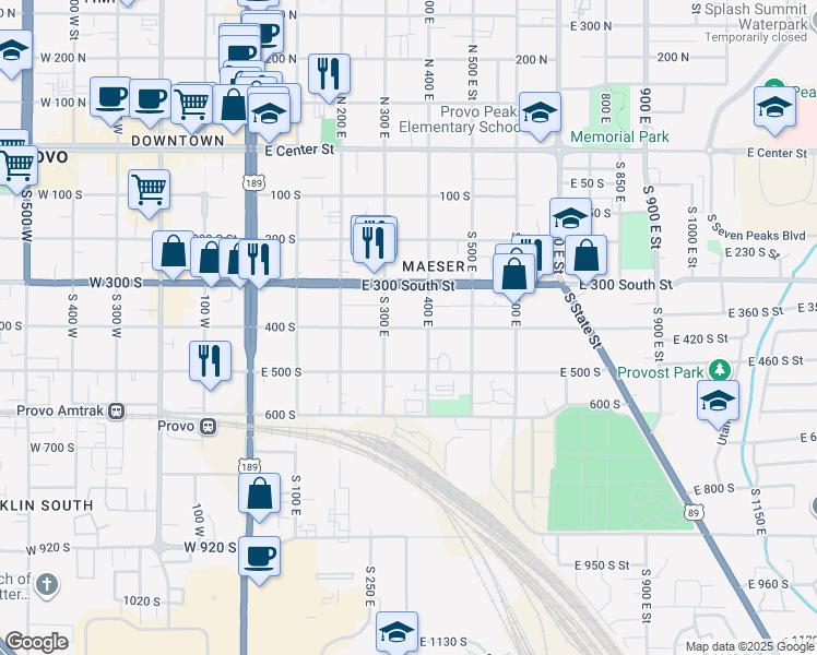 map of restaurants, bars, coffee shops, grocery stores, and more near 359 400 South in Provo
