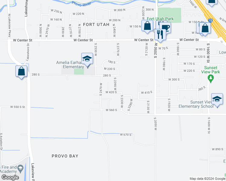 map of restaurants, bars, coffee shops, grocery stores, and more near 404 South 2390 West in Provo