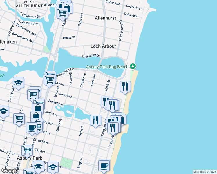 map of restaurants, bars, coffee shops, grocery stores, and more near 1700 Webb Street in Asbury Park