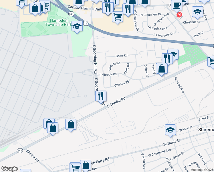 map of restaurants, bars, coffee shops, grocery stores, and more near 318 Virginia Road in Mechanicsburg