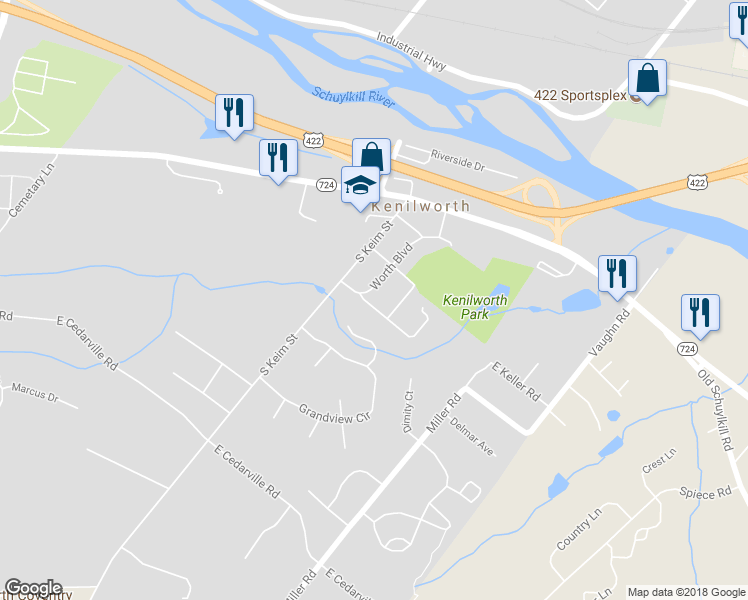 map of restaurants, bars, coffee shops, grocery stores, and more near 892 Worth Boulevard in Pottstown
