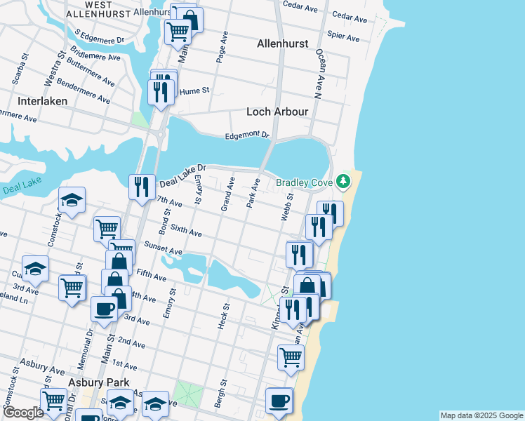 map of restaurants, bars, coffee shops, grocery stores, and more near 1615 Park Avenue in Asbury Park
