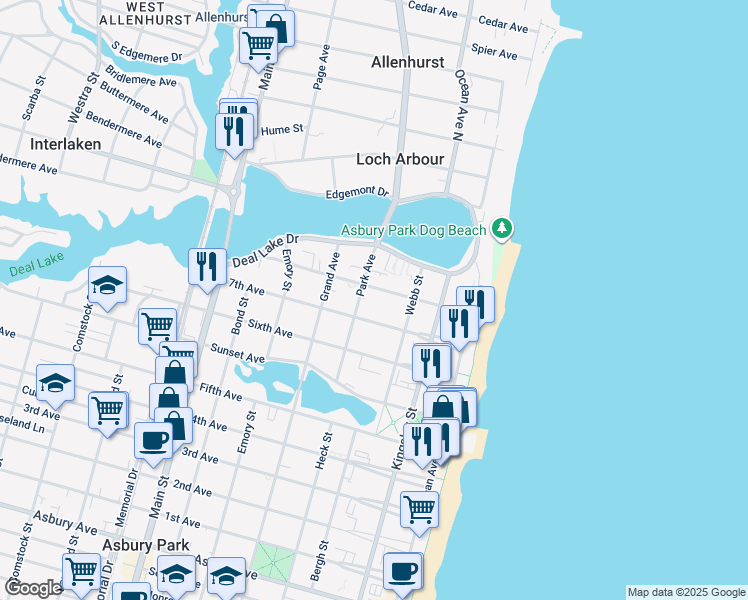 map of restaurants, bars, coffee shops, grocery stores, and more near 1615 Park Avenue in Asbury Park